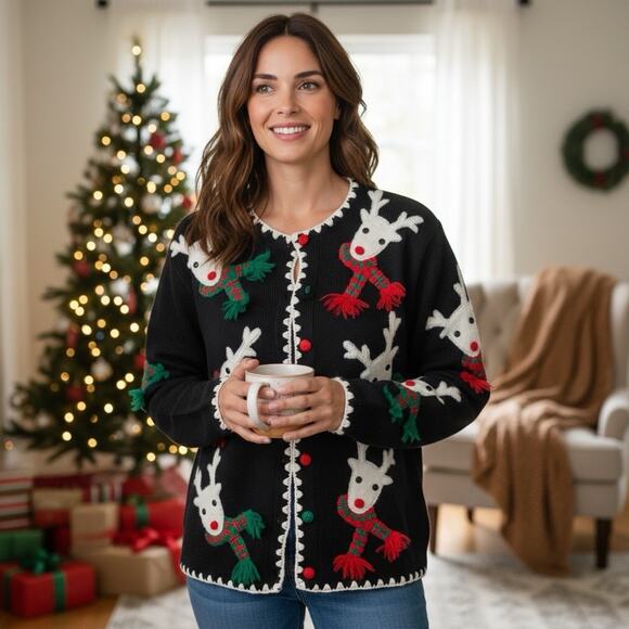 Marisa Christina Y2K 2000 Christmas Collection Cardigan Sweater Reindeer Knit - Picture 1 of 12